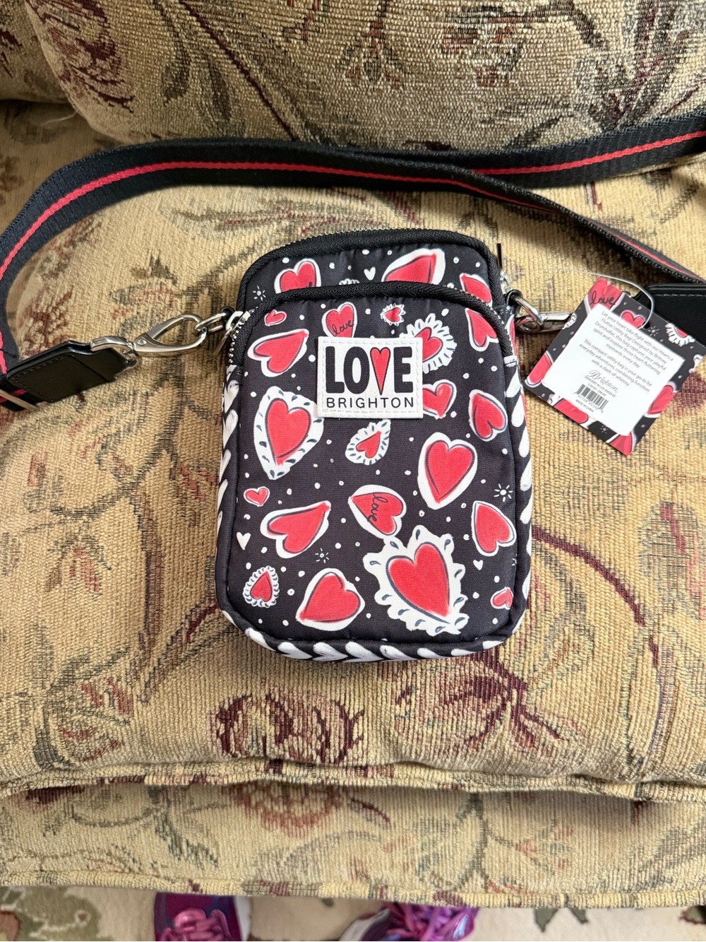 Brighton Black Crossbody Phone Bag with Red Heart Print